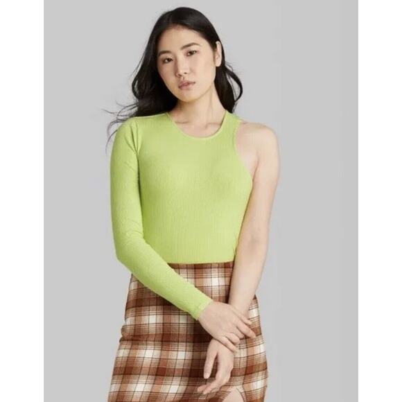 Wild Fable  Asymmetrical One Sleeve Bodysuit - Lime Green Women's Large - Picture 1 of 5